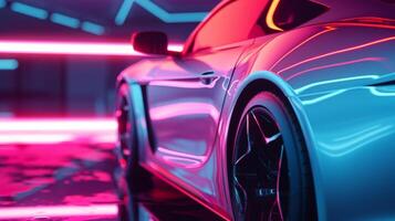 A detailed shot of the side mirror accent on a silver car with a sleek and futuristic neon light that contrasts perfectly with the color of the vehicle photo