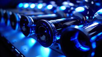 A closeup of the amplifiers s being adjusted creating a stunning contrast of blue lights against the dark stage photo