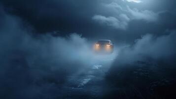 The cars headlights ting through the thick fog creating a hauntingly beautiful effect as it navigates through the storm photo