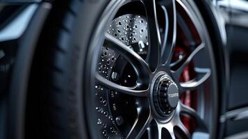 The branding details on the brake caliper are showcased in a closeup shot with the logo and company name clearly visible on the surface photo
