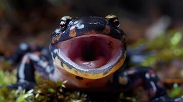 Closeup of a slimy salamander with its mouth open showing the symptoms of chytridiomycosis. The fungus has its mouth and throat making it difficult for the amphibian to ea photo