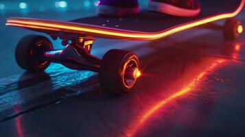 The camera focuses on a skateboards wheel as it rolls and the neon lights on its edge glow and pulsate adding a cool and edgy vibe to the footage photo