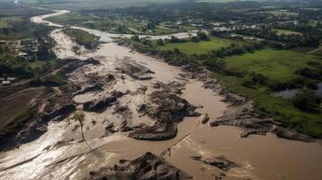 From the vantage point of the sky, see the widespread destruction caused by a river bursting its banks. photo