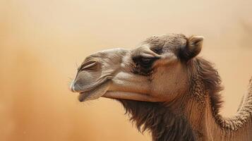 Closeup of a camels wet nostrils flaring against the sandy backdrop as it trudges through the sandstorm photo