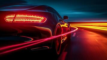 The glowing fiery red tail lights of a car whizzing by illuminate the night air leaving behind a radiant streak in its path photo