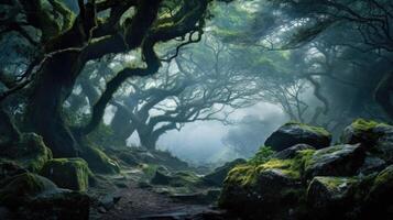 Within the mystical forest, a veil of mist descends, enhancing the whimsical aura of this enchanted place. photo