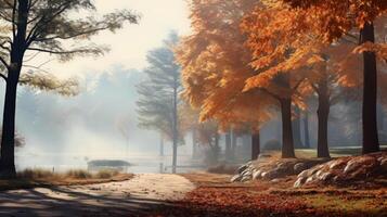 With the fog as a backdrop, the autumn leaves take on a sense of depth and texture, drawing the viewer into the scene. photo