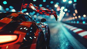 A slowmotion closeup as the flag gently waves in the wind the nighttime sky and bright lights creating a picturesque backdrop for the end of a exhilarating race photo