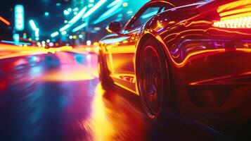 With a closeup shot of a single street racing car the camera captures the blindingly bright and focused stream of light that shoots out from its headlights almost daring anyon photo