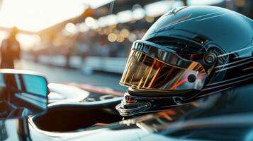 Closeup shots of the drivers helmet showcasing the intense concentration and focus as they navigate the decisive laps photo