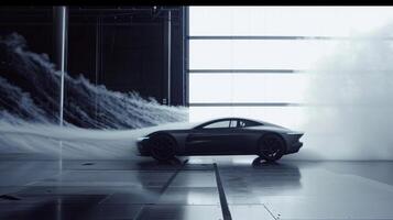 Captured from the side the footage shows a stream of smoke being blown over the car demonstrating how the wind tunnel can visualize airflow patterns and aerodynamic performance photo
