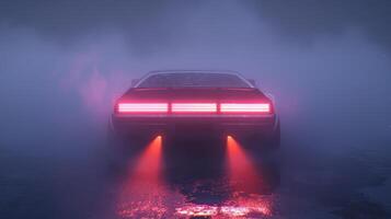 Through the hazy smoke a clic car emerges its distinctive shape and bright neonlit headlights drawing the viewer in photo
