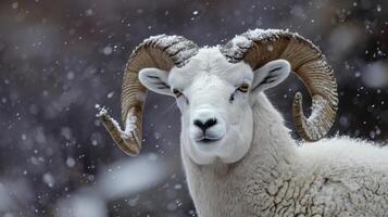Closeup of a single Dall sheep with snowflakes dusted on its fluffy coat its intense gaze fixed on the treacherous slope below photo