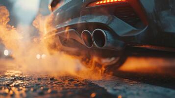 A shot of the cars exhaust pipe as it emits a steady stream of smoke a symbol of the journeys impact on the environment and the toll it takes on the vehicle photo