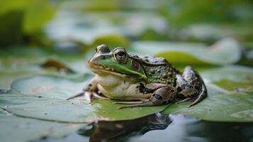 Closeup of a frog sitting on a lily pad in a murky polluted pond. Its skin appears discolored and pitted evidence of the toxins it has been exposed to due to the loss of wetlands photo