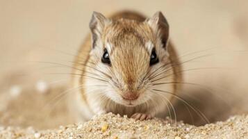 Closeup of a gerbil with its head buried in the sand its whiskers twitching as it rubs its face against the grains to clean and soothe its skin after the harsh weather photo