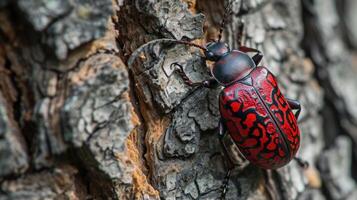 Closeup of a metallic red beetle with intricate patterns on its back making its way up the rugged bark of a tree photo