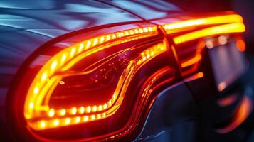 A mesmerizing closeup of a car emblem backlit with a bright orange neon light creating a bold and eyecatching effect photo