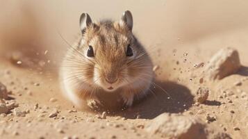 Closeup of a gerbil using its tiny paws to meticulously sift through the sand removing small debris and tangles from its fluffy fur after the storm photo