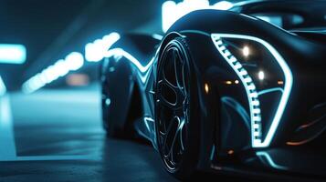 The camera focuses on the intense glare of a sports cars LED headlights designed for enhanced visibility and improved performance on the track photo