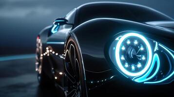The next shot shows a headlight with a bold and curved design reminiscent of clic car headlights from the 1950s. However the addition of neon blue LED lights gives it a moder photo