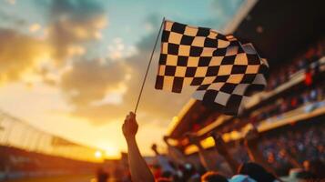 The camera zooms in on the checkered flag as it is being waved in front of a cheering crowd capturing the moment of triumph photo