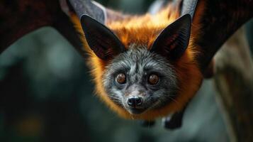 Closeup of a lone flying fox with intense focus in its eyes its muscular body coiled and ready to launch into the air from its branch photo