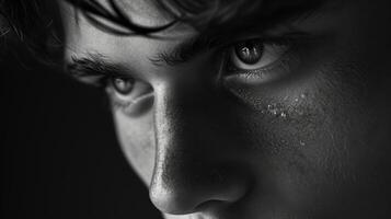Closeup of a young mans face the curve of his jawline and the intensity in his eyes hinting at the struggles he has faced in finding his true identity photo