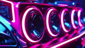 Fifth footage A slowmotion shot of the speakers vibrating with the b beat capturing the neon lights moving and glowing in perfect sync with the music photo