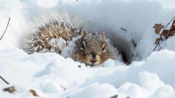 Closeup of a fluffy tail wrapped securely around an Arctic ground squirrel as it hunkers down in its snow burrow to stay warm photo