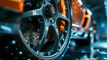 The closeup shot of the brake caliper showcases its size and dimensions giving a sense of scale and emphasizing its importance in the functioning of a vehicles braking system photo