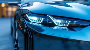 Closeup of the headlights on a hybrid car featuring a builtin air purifying system that filters out harmful pollutants and reduces the cars carbon footprint photo