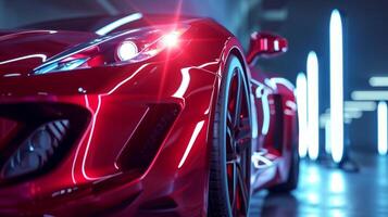 A red sports car with advanced headlight tracking technology adjusting its beams as the car turns photo