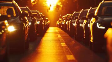 An abstract shot of multiple car headlights converging in one direction their silhouettes creating an artistic pattern against the setting suns warm glow photo