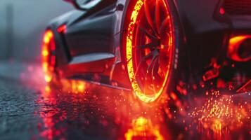 In slow motion the camera captures the intense heat emanating from the tires causing them to glow bright red photo