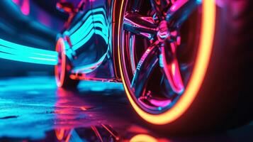 A closeup view of a cars wheel as the neon lights around it switch from one color to another in sync with the changing gears showcasing the smooth and powerful movement o photo