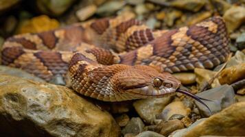 Closeup of a beautiful copperhead s its patterned scales blending seamlessly into the rocky terrain as it cautiously makes its way towards a sheltered area photo