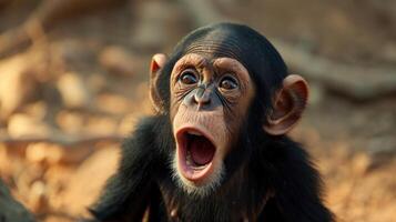 Closeup of a baby chimpanzee separated from its mother crying out for her in a barren wasteland. The young ape is helpless and vulnerable in the face of habitat destruction photo