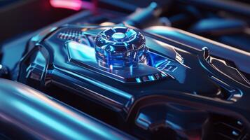 The radiator cap shines as it sits atop the radiator which cools the engine by circulating coolant through the system photo