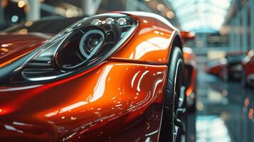 The camera focuses in on the smooth and glossy body paint of a highend luxury car showcasing its flawless finish and attention to detail photo