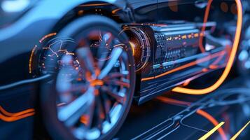Closeup of the hybrid cars regenerative braking system in action capturing the excess energy being captured and stored in the battery for later use photo