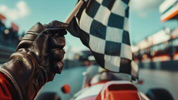 A tight closeup of a pair of gloved hands grasping a checkered flag as an intense race takes place in the background capturing the adrenalinefueled atmosphere of vintage racing photo