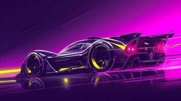 Against the deep purple backdrop the neon yellow racing stripe brings a burst of energy to this race car symbolizing its boundless power photo