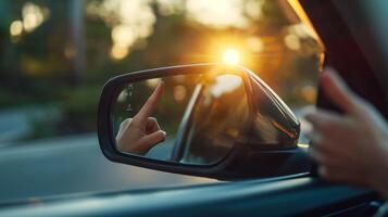 A closeup of fingers tapping in the air adjusting the side mirrors with a cars gesture control system photo