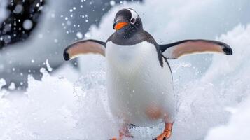 Closeup of a Gentoo penguin coming to a stop after a long sliding journey its feet dragging behind it in a trail on the ice. Its expression is one of pure delight with it photo