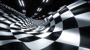 The checkered flag moving back and forth with each wave as cars zoom past in the background creating a sense of energy and excitement photo