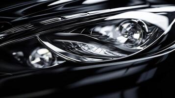 A detailed shot of a black and white headlight with its cover removed exposing the layers and components that contribute to its distinctive shape photo