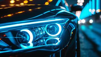 A closeup shot of a cars headlights with an intricate laser pattern creating a mesmerizing light display when turned on photo