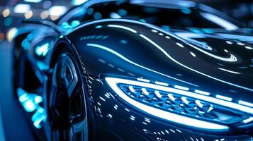 A closeup shot reveals a set of headlights with a layered and intricate design reminiscent of Art Deco architecture. The headlights also feature a combination of white an photo