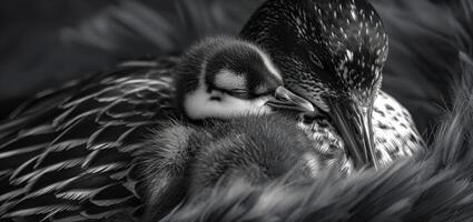 Closeup of a mother and chick nestled in the warmth of a huddle their soft tufts of down blending together in a sea of black and white stripes photo